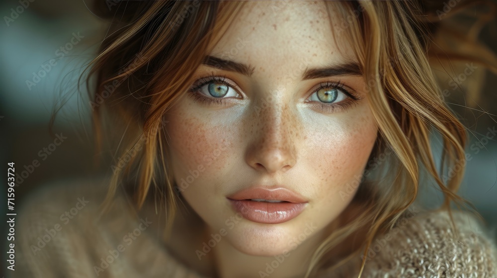 A stunning portrait of a woman with freckles and piercing blue eyes, her long brown hair framing her face as her delicate features, highlighted by perfect eyeliner and full lips, captivate the viewer - obrazy, fototapety, plakaty 