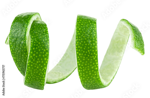 Lime peel slice isolated on a white background. Lime fruit peel or lime zest.