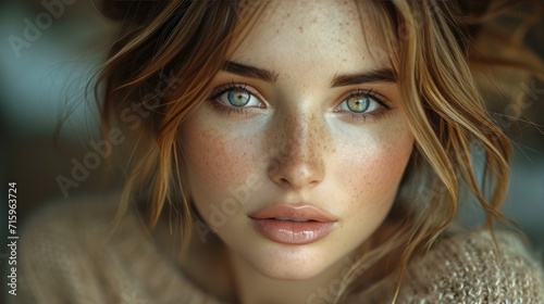 A stunning portrait of a woman with freckles and piercing blue eyes, her long brown hair framing her face as her delicate features, highlighted by perfect eyeliner and full lips, captivate the viewer photo