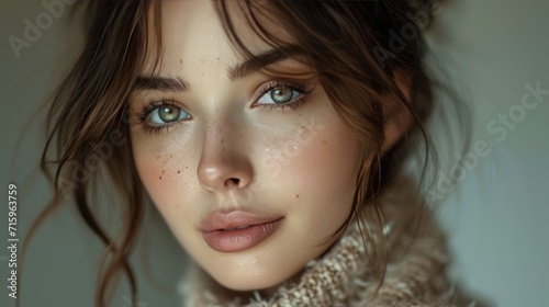 A striking portrait of a woman with freckles and a scarf, her expressive eyes and perfectly lined lips captured in intimate closeup by the skilled lens of portrait photography