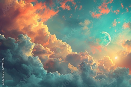 Background image about Fluffy clouds, beautiful colors and moon, modern aesthetic style. ai generative