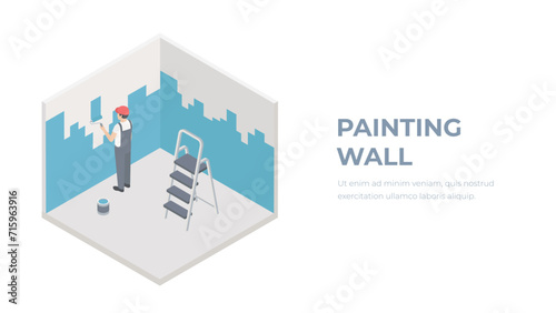 Vector isometric house painter or worker painting room wall using paint roller. Ladder, bucket of bright paint, floor protection covering photo