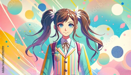 Colorful Anime Schoolgirl Illustration, Youthful and Vibrant Concept