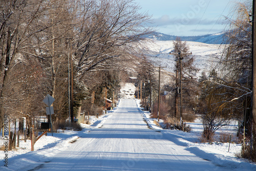 Snow-covered road in the mountains - Methow Valley, Washington, USA (Winter)