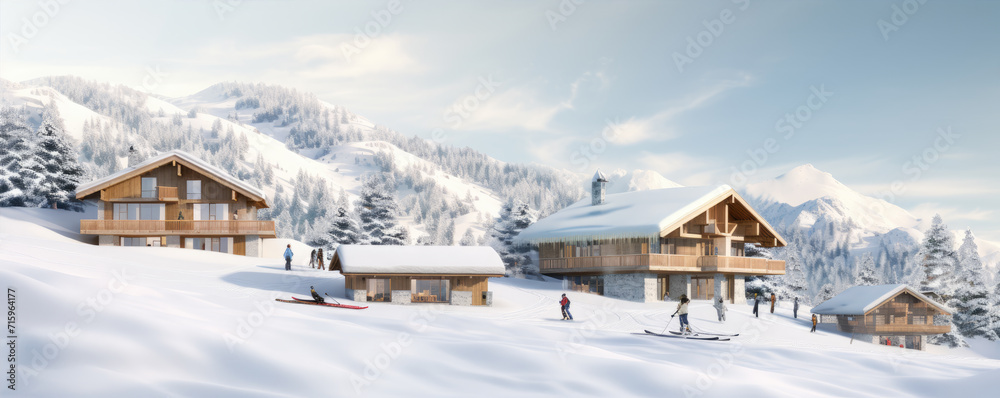 Obraz premium Alpine huts or cottages in winter land. Panoramatic view on chalets covered with snow in evening time.