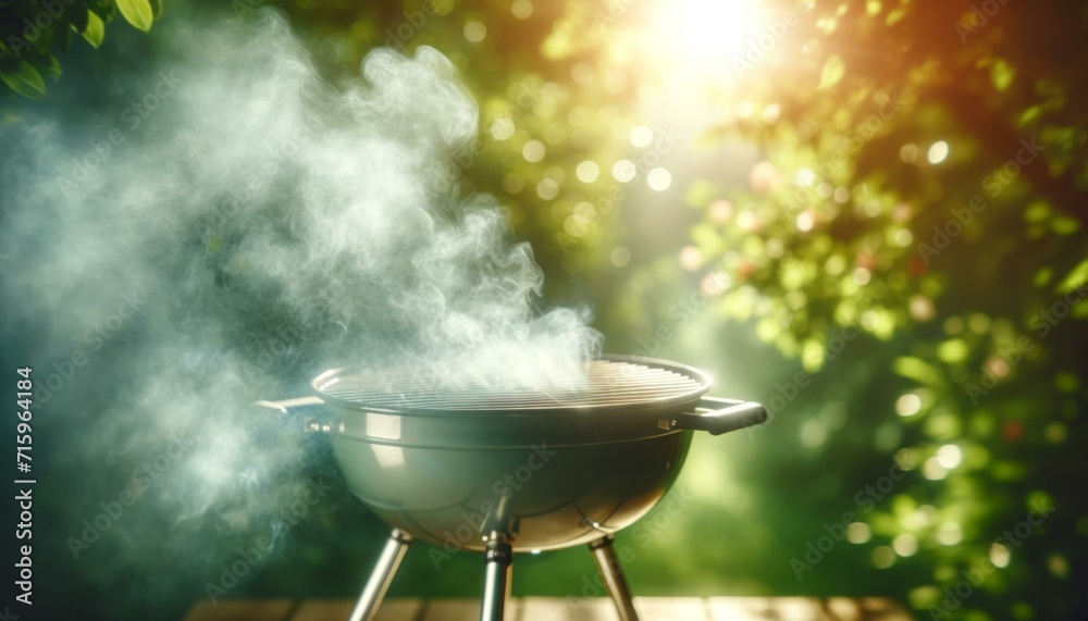 Summer Barbecue Party in Lush Garden, Outdoor Cooking Concept Summer Barbecue Party in Lush Garden, Outdoor Cooking Concept