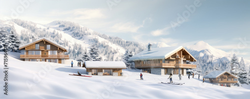 Alpine huts or cottages in winter land. Panoramatic view on chalets covered with snow in evening time. © Alena