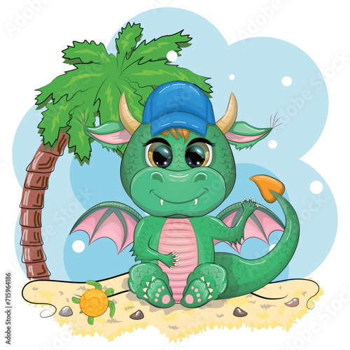 Cute cartoon green baby dragon in a hat on the beach in Hawaii. Symbol of 2024 according to the Chinese calendar © MichiruKayo