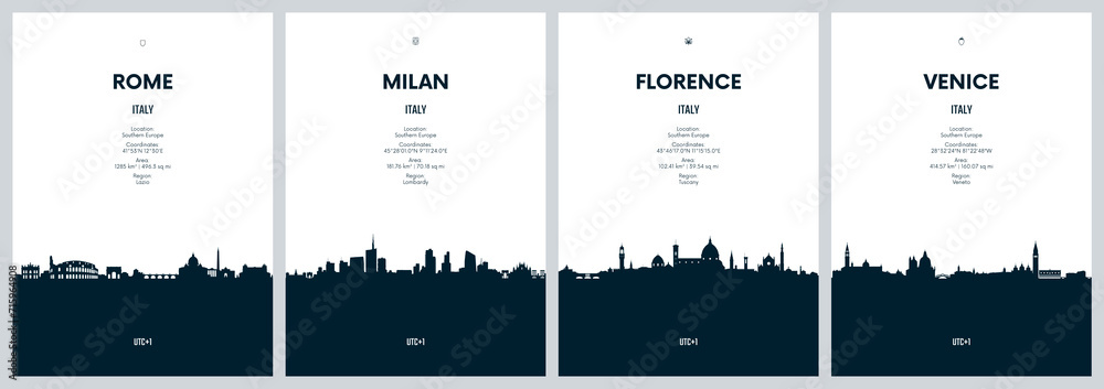 Travel vector set with city skylines Rome, Milan, Florence, Venice detailed city panorama minimalistic graphic artwork - obrazy, fototapety, plakaty 
