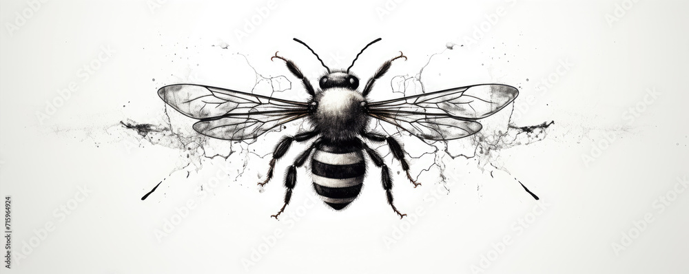 Bee logo in black white color. honey bee icon with hand drawn on white background. - obrazy, fototapety, plakaty 