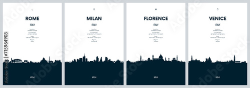 Travel vector set with city skylines Rome, Milan, Florence, Venice detailed city panorama minimalistic graphic artwork