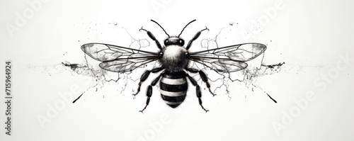 Bee logo in black white color. honey bee icon with hand drawn on white background. photo