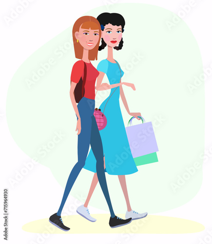 Friends on a walk, shopping. Girls walk hand in hand
