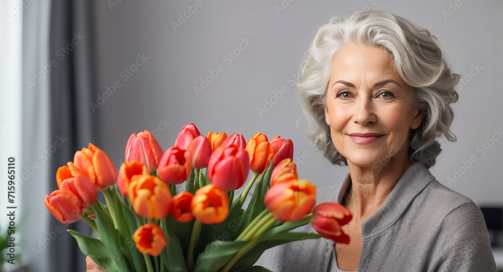 Portrait of a beautiful elderly woman with a bouquet of tulip flowers in the living room Portrait of a beautiful elderly woman with a bouquet of tulip flowers in the living room