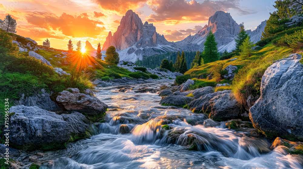 The mountains with a stream running through them and the sun coming up in the background, vibrant fantasy landscapes.