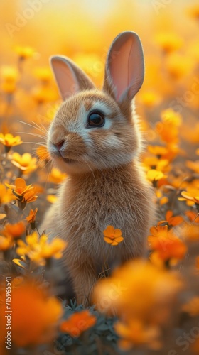 A small rabbit sitting in a field of flowers