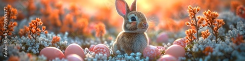 A rabbit sitting in the middle of a field of flowers