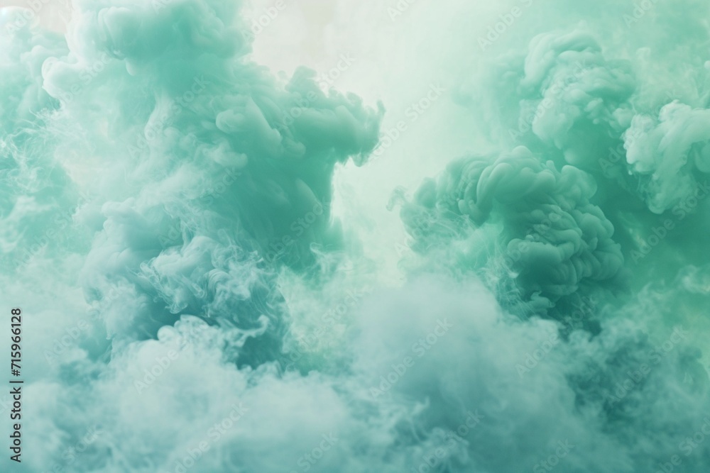 Colorful smoke for an aesthetic minimalism background. Pastel green colored fumes blend seamlessly, creating feminine fragile effect. Color gradients as visually appealing backdrop - obrazy, fototapety, plakaty 