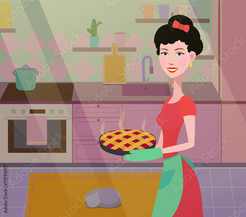 The housewife prepared a pie in the kitchen