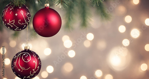 Christmas decoration on snow with christmas lights  Christmas background with golden Christmas balls copy space. Christmas decoration on snow with christmas lights