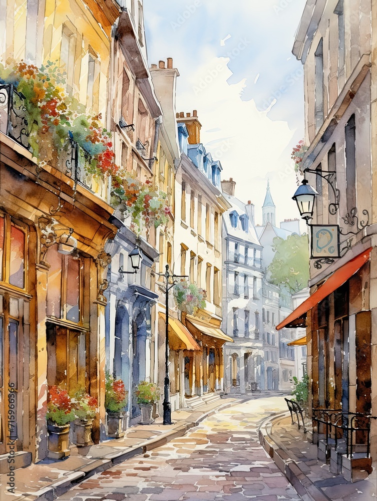Naklejka premium Elegant Parisian Streets: Vintage Art Print of Old-world European Alleys and Historical Lanes