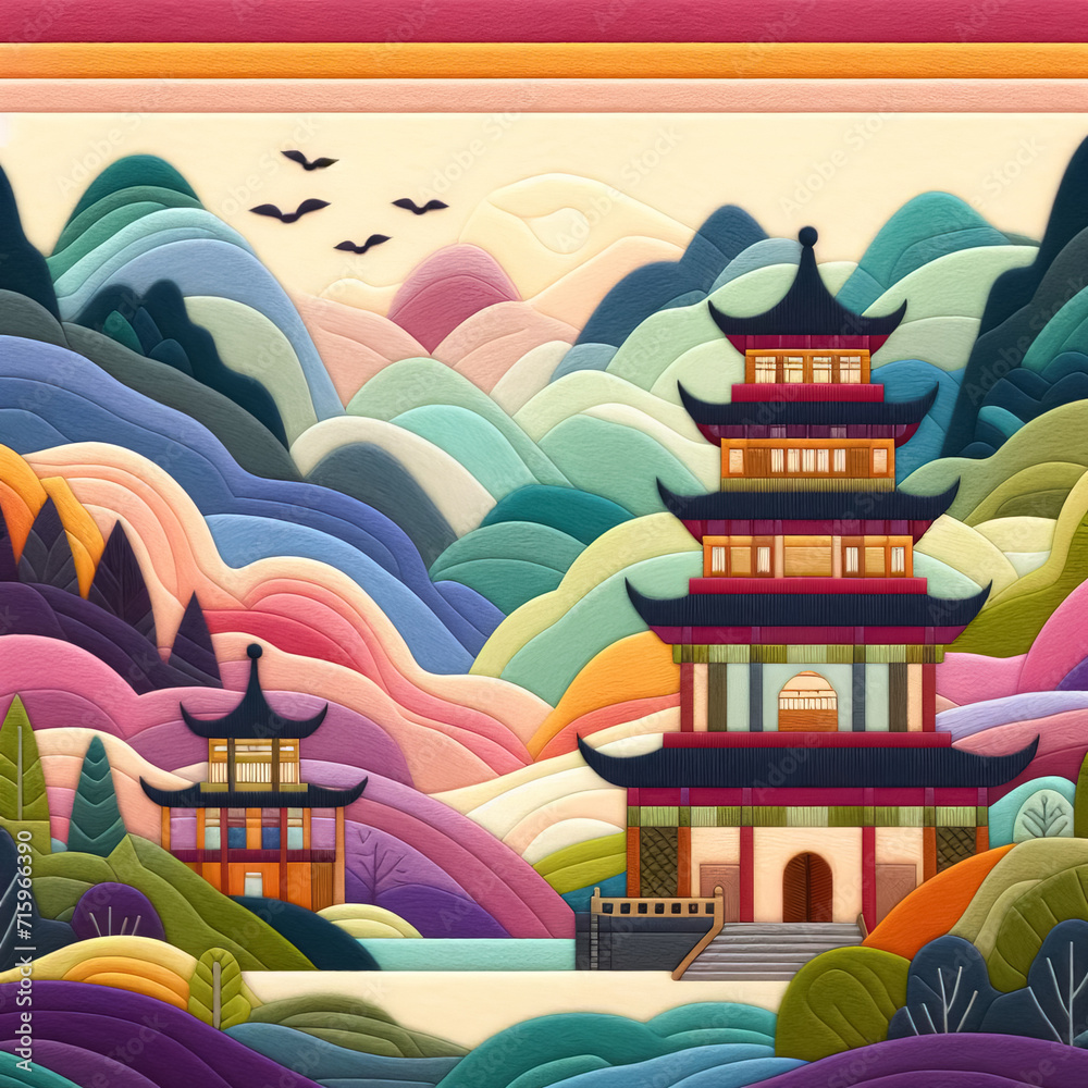 Fototapeta premium felt art patchwork, mountains host Chinese ancient architecture