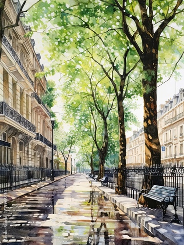 Elegant Parisian Streets: Tree Line Artwork of Parisian Boulevards and Shaded Walks