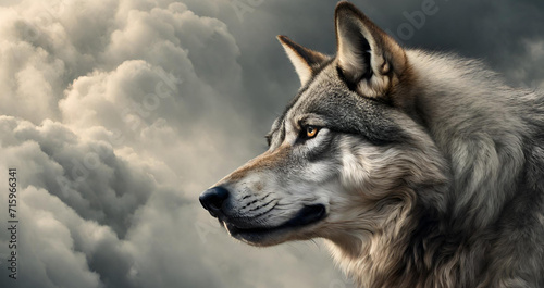 Wolf and the moon, A wolf with a blue eyes, Portrait of wolf on rock created using generative ai technology. photo