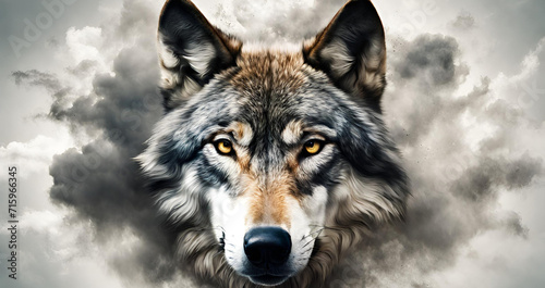 Cool wolf illustration design, A wolf with yellow eyes is looking at the camera. photo