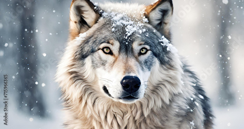 A wolf in the snow, A wolf with snow on its head, Winter's Gaze Gray Wolf Cub in Snowy Forest. © OurGallery