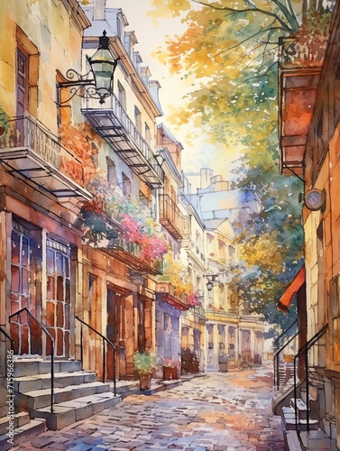 Elegant Parisian Streets: Watercolor Pastel Landscape of Artistic Alleys