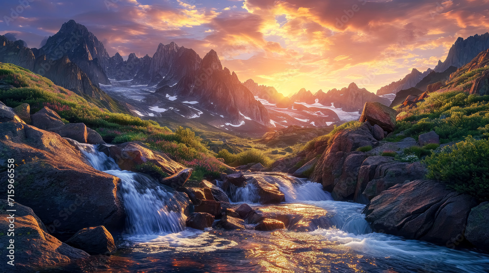 The mountains with a stream running through them and the sun coming up in the background, vibrant fantasy landscapes.