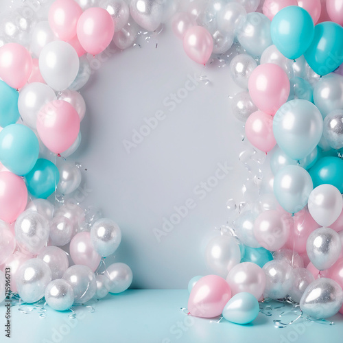 A pastel birthday background with balloons and a place for text. for a postcard. AI Generative.Colorful balloons and confetti on pastel blue background with copy space. 3d render.