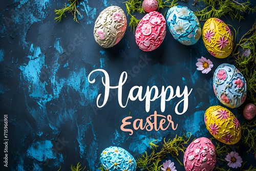 Greeting card for Easter, with the inscription and colorful Easter eggs on a blue background.