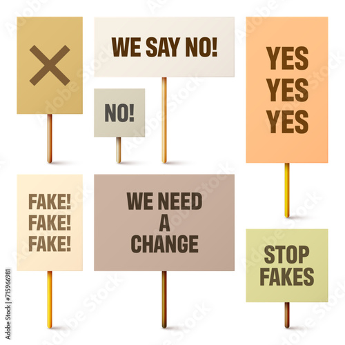 Colorful protest signs with slogan on wooden holder. Realistic vector demonstration banner. Strike action cardboard placard mockup