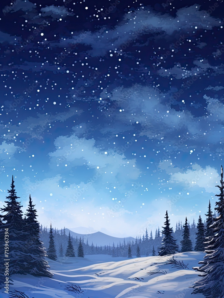 Frosty Snowfield Expanse: A Stellar Night Sky Over Winter's Glistening Domain.