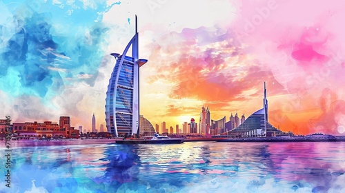 Around the world and traveling Dubai,United Arab Emirates,Burj Al Arab watercolor technic and Flat color conceptual in important Landmark and Builder use for promote and used to publicize tourism  photo