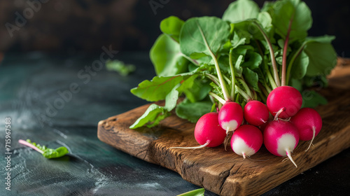 A bunch of fresh radish on a wooden board, close-up, dark background.