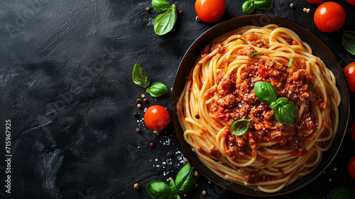Top down view of a plate with italian spaghetti bolognese on a dark black stone texture background with space for text for designer