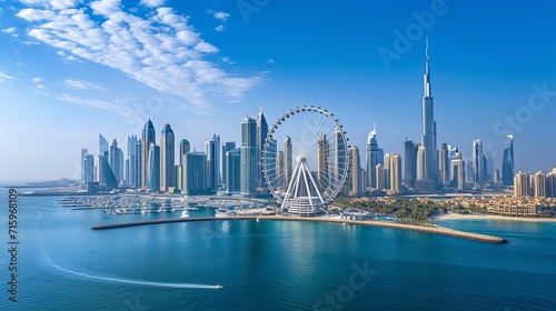 Bluewaters island and Ain Dubai ferris wheel on in Dubai, United Arab Emirates aerial view. New leisure and residential area in Dubai marina area  photo