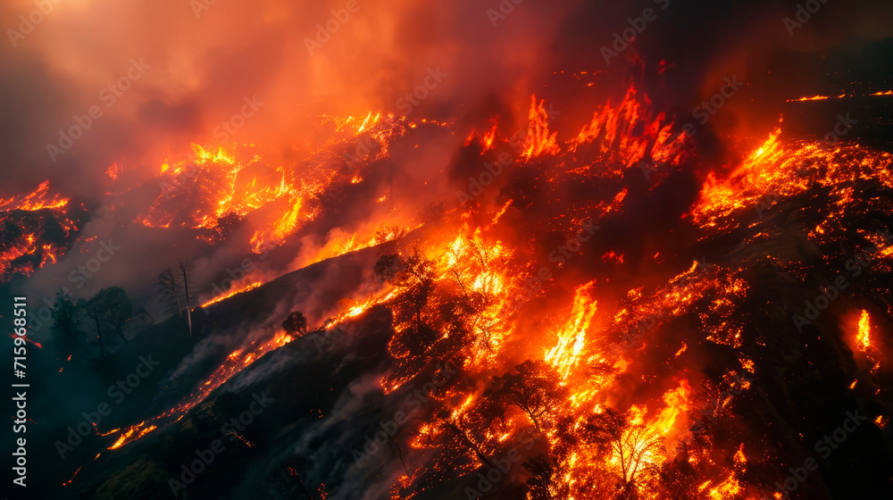 A strong fire in a large area of the forest. An environmental disaster of great proportions.