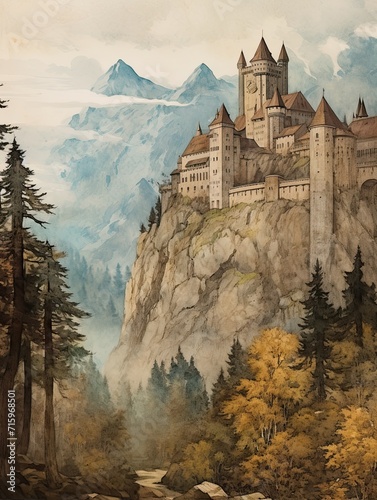 Grand Medieval Castles Earth Tones Art: Rustic Castle View Vintage Print Image