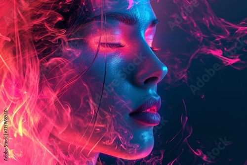 Generative AI image of an artistic woman face with eyes closed with glowing pink eyes and vibrant pink lips set against a blue background