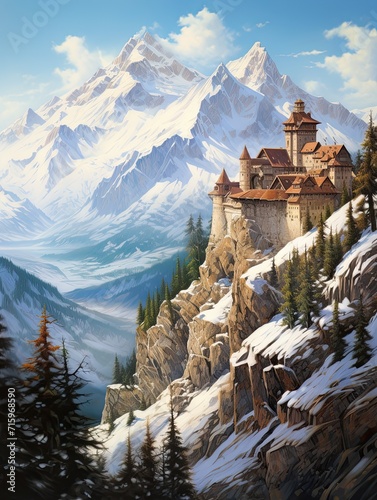 Grand Medieval Castles Mountain Landscape Art  Fortress Peaks and Elevated Views