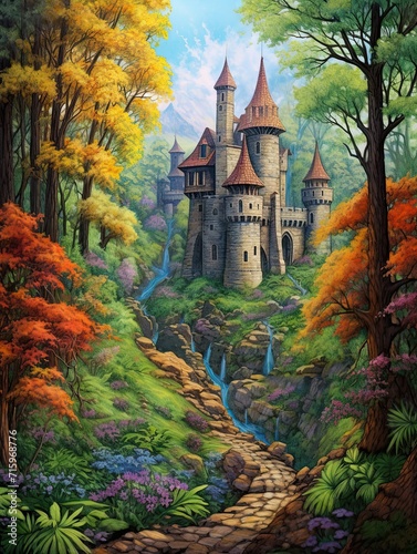 Grand Medieval Woodland Castle Art Print: Castle in the Forest - Nature Scenery