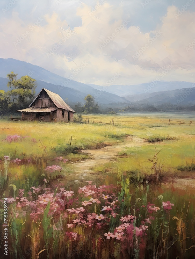 Historic American Barns Meadow Painting: Vintage Farmhouse Art with Rolling Hills