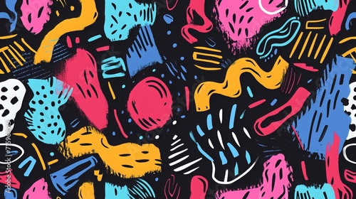 Bright colored seamless banner design background with charcoal childish shapes. Hand drawn pencil doodles, squiggles and scribbles in Memphis simple style. Sketchy colorful seamless pattern.