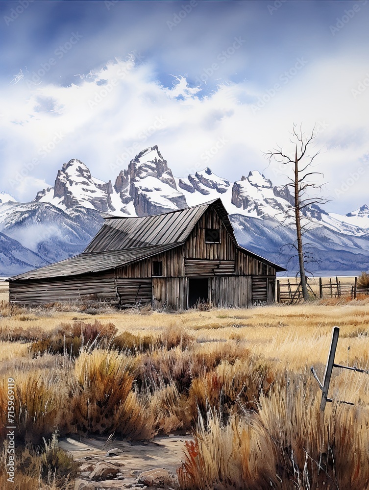 Historic American Barns Snow-capped Mountain Print: Winterscape with Cold Landscape Barns