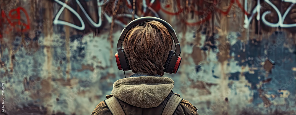 Young man wearing headphones staring at a graffiti mural. - obrazy, fototapety, plakaty 