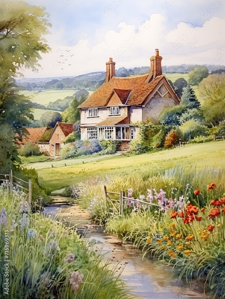 Idyllic English Cottages Canvas Print: Enchanting Garden Scene Art of Rolling Hills